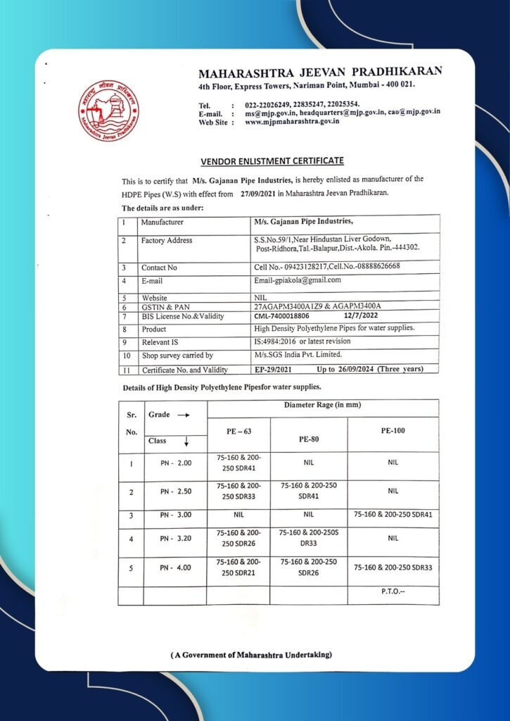 MJP HDPE CERTIFICATE GAJANAN PIPE INDUSTRIES