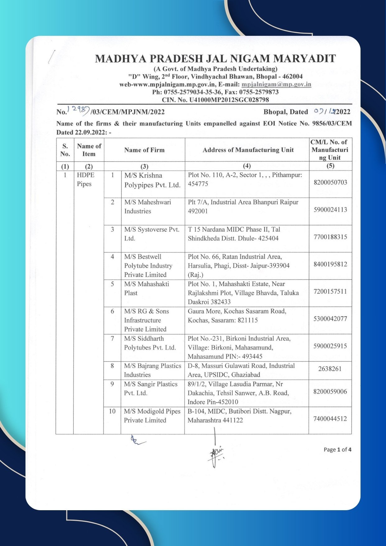 M P JAL NIGAM CERTIFICATE